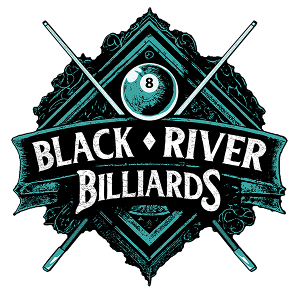 Black River Billiards crest logo with crossed cues and 8-ball
